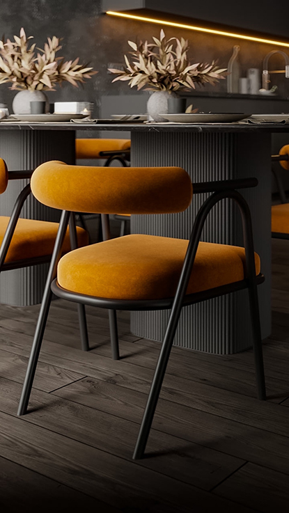 'Orange in the Dark', dining table chairs