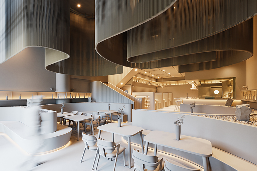 Issei restaurant interior, clay render
