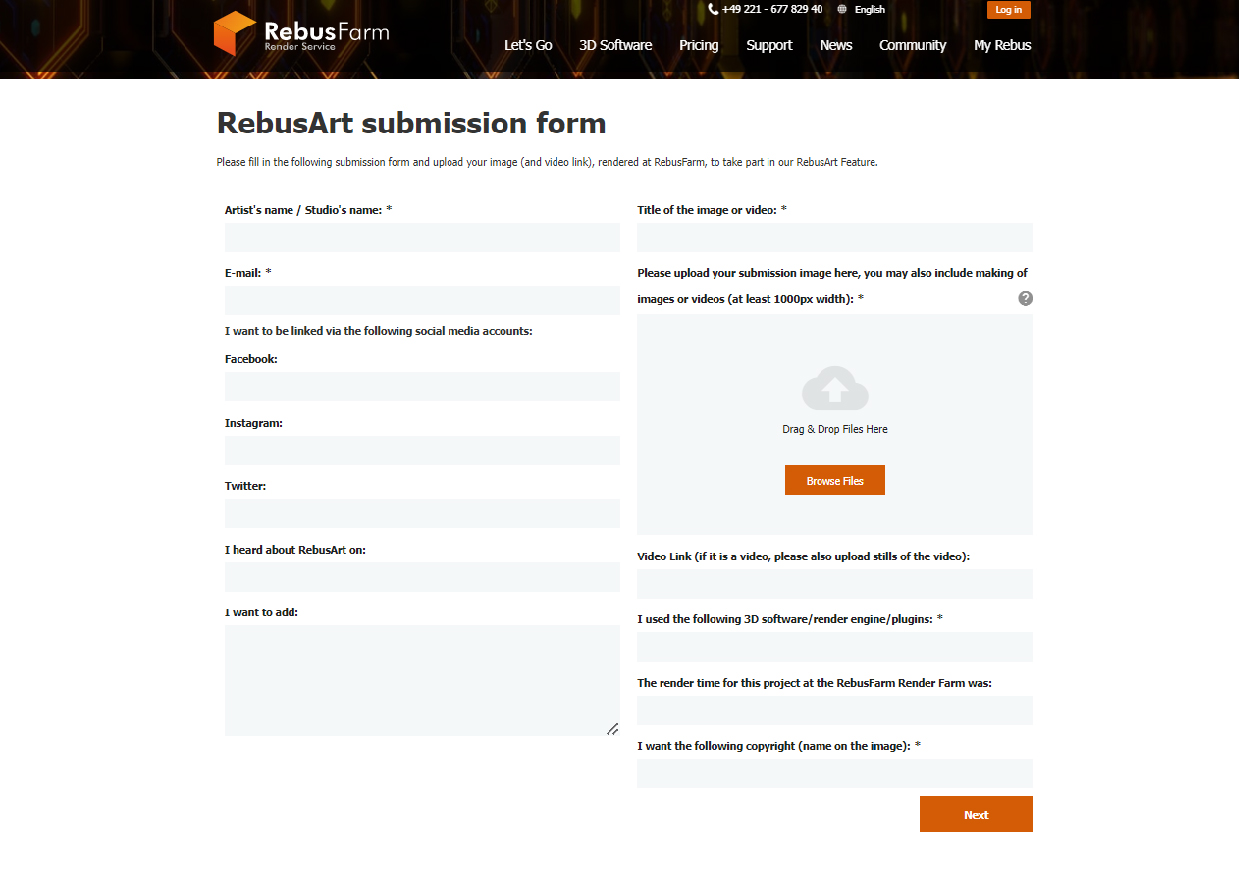 Форма подачи заявки для RebusArt от RebusFarm