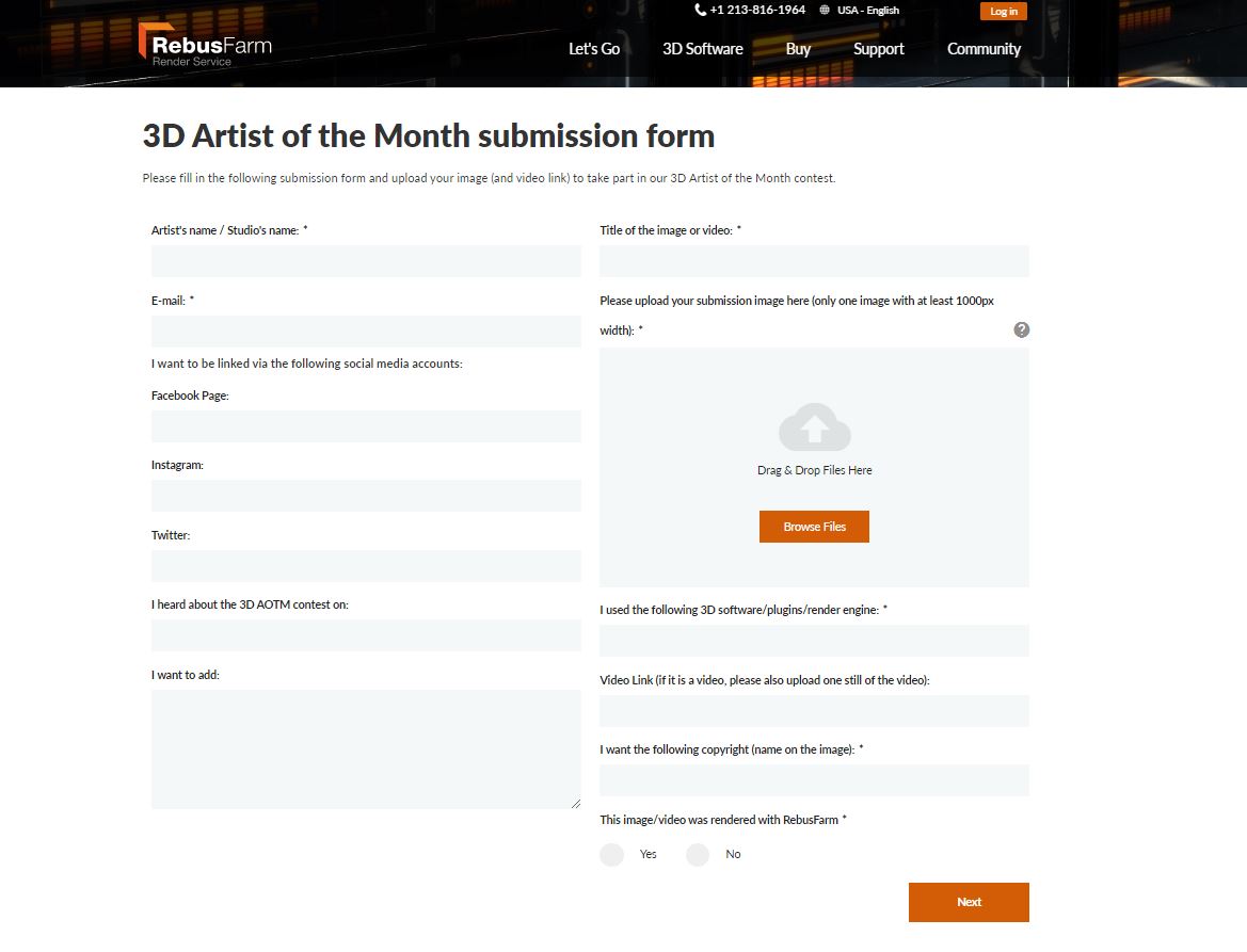 Formulário de inscrição do 3D Artist of the Month da RebusFarm