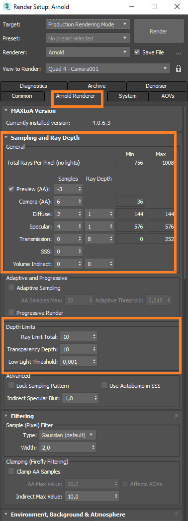 Configuração de renderização 3D para 3ds Max com Arnold Renderer