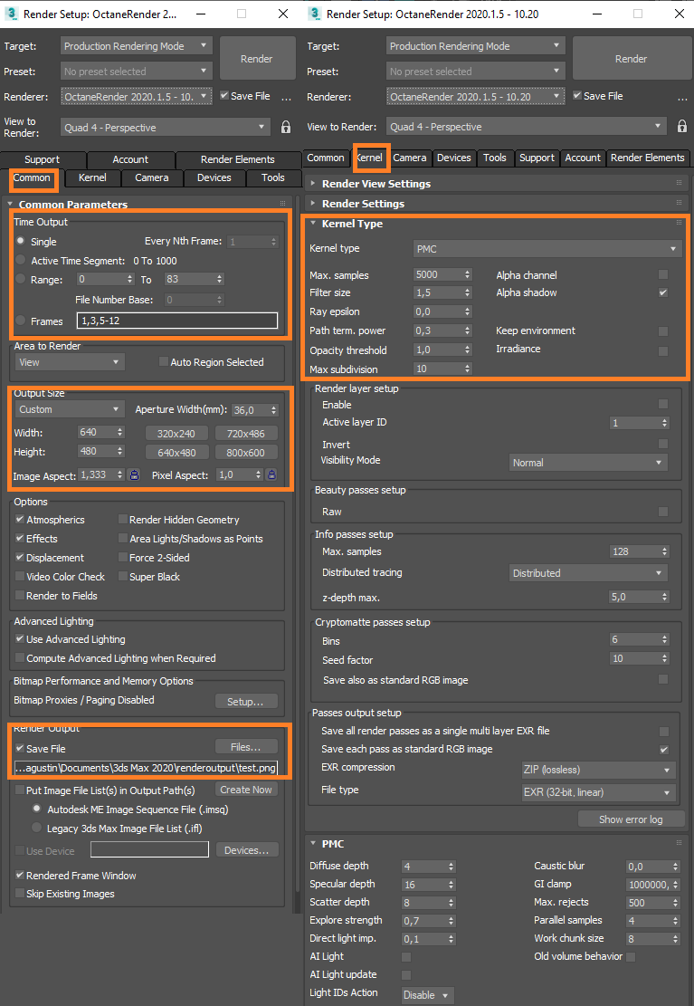 Configuração de renderização 3D para 3ds Max com Octane Renderer