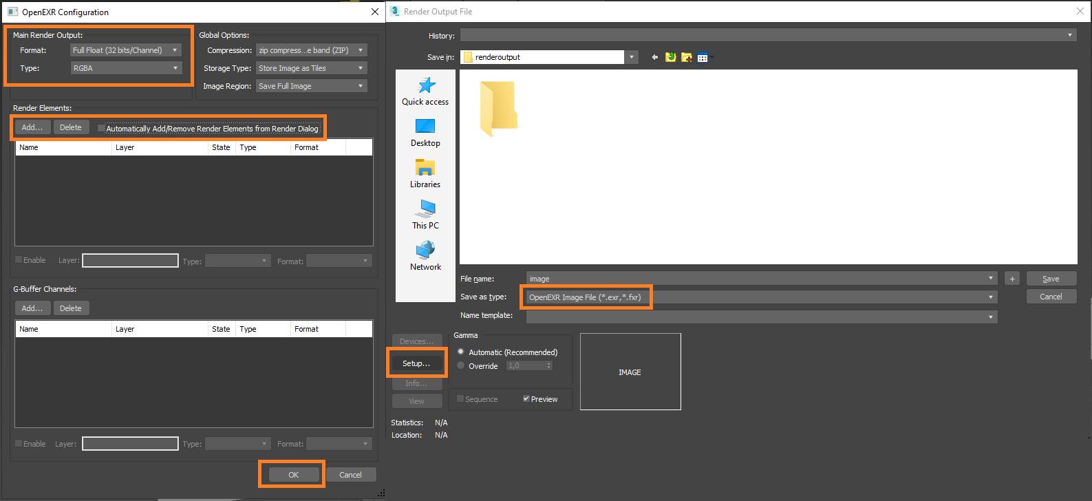 Janela de configuração OpenEXR