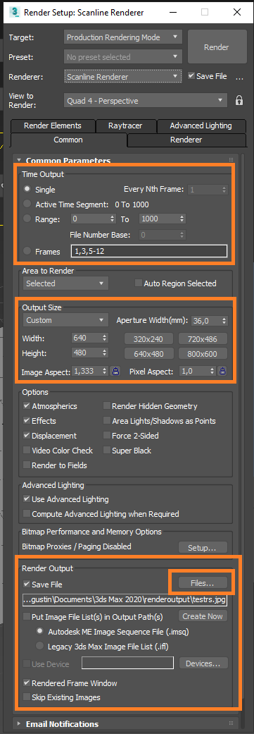 Configuração de renderização 3D para 3ds Max com Scanline Renderer