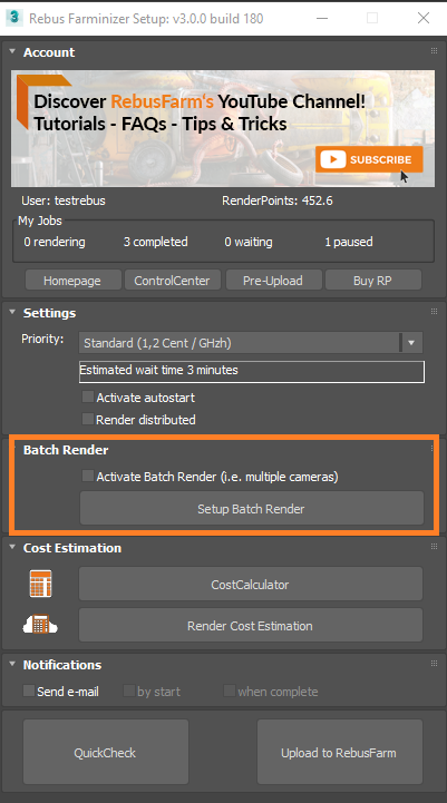 Rebus Farminizer menu - batch render settings