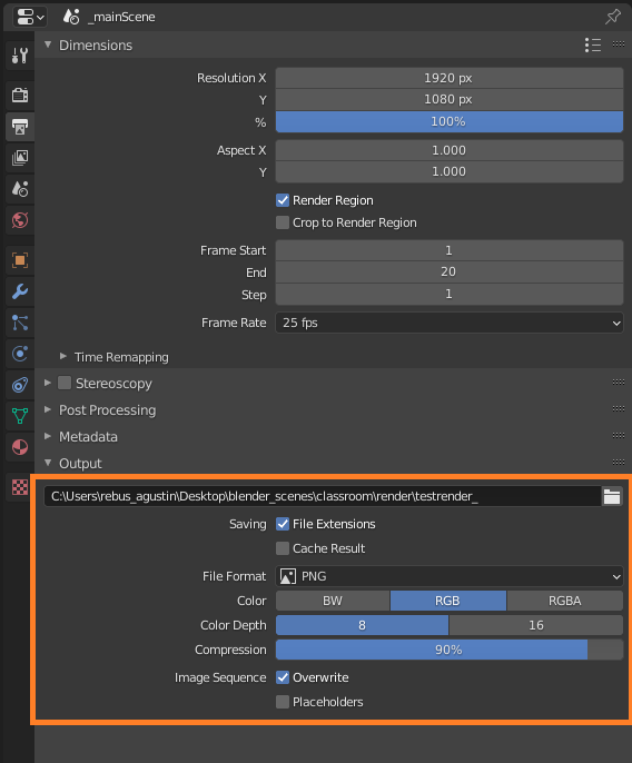 3D Render Setup für Blender mit Cycles CPU - Output Optionen