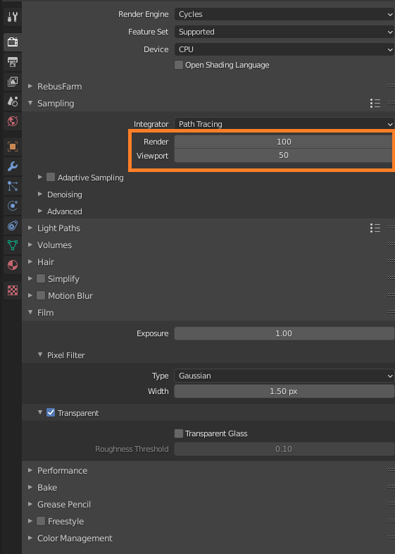 Configuration du rendu 3D pour Blender avec Cycles CPU - Options de Render et Viewport