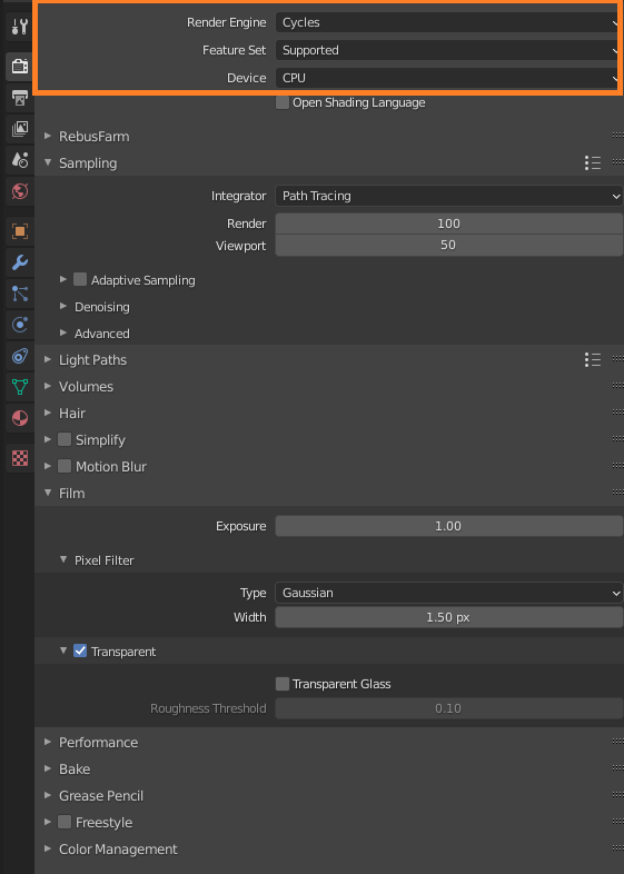 Configuración de renderizado 3D para Blender con Cycles CPU Renderer