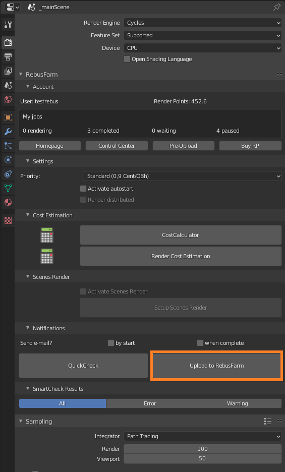 Rebus Farminizer menu - Upload to RebusFarm button