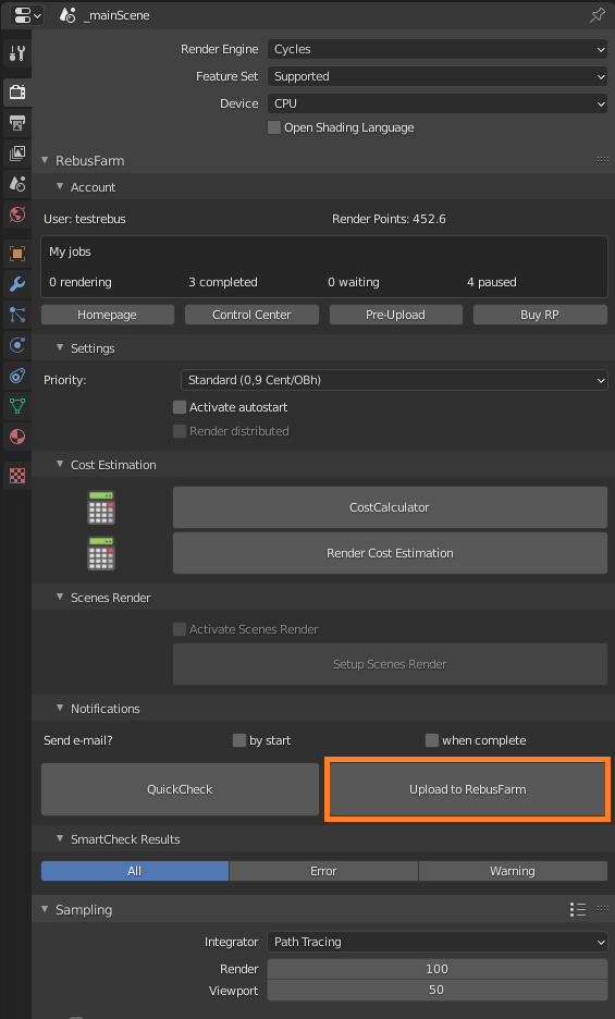 Menu Rebus Farminizer - pulsante Upload to RebusFarm