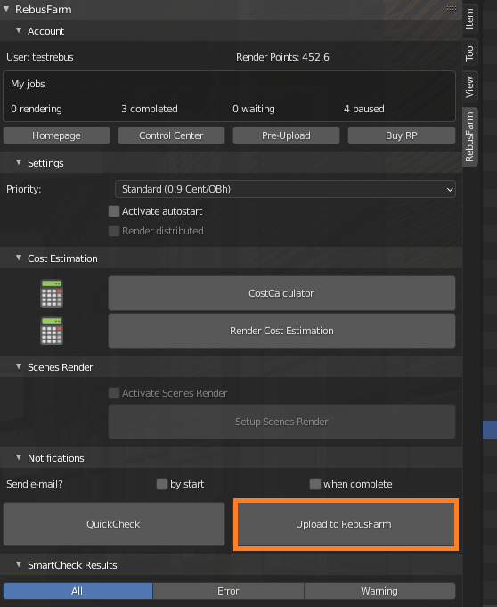 Rebus Farminizer menu - pulsante Upload to RebusFarm