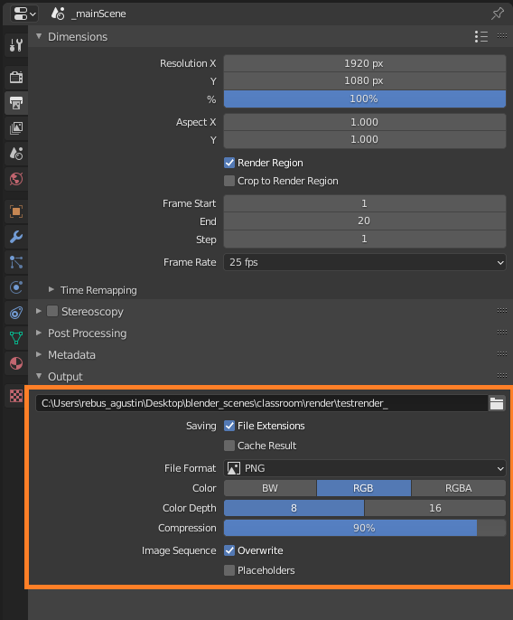 Configuración de renderizado 3D para Blender con EEVEE - Opciones de salida