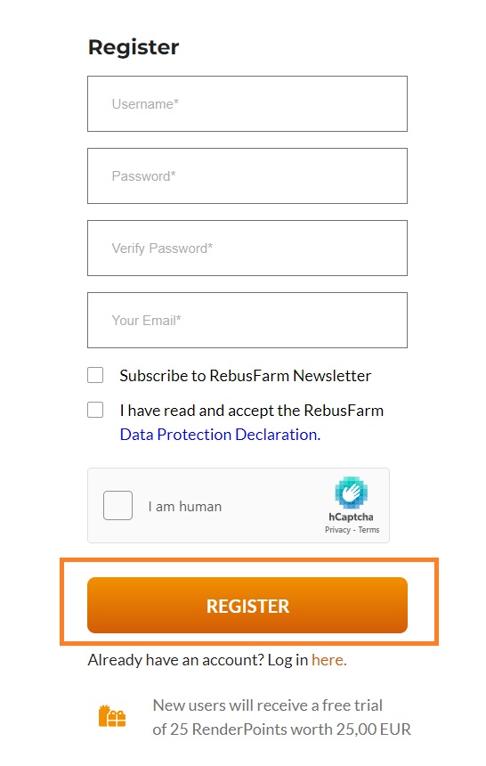 Render farm registration form
