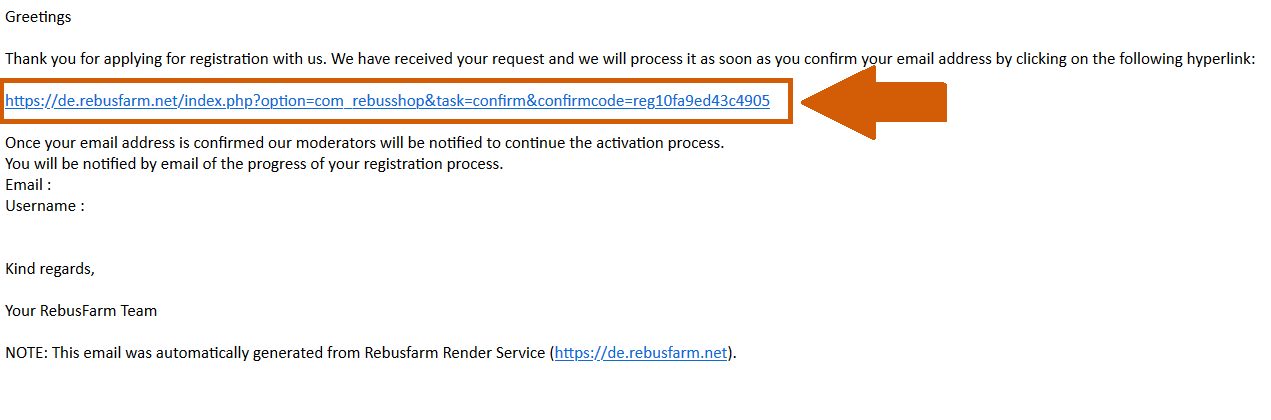 Mail de confirmation Rebus render farm