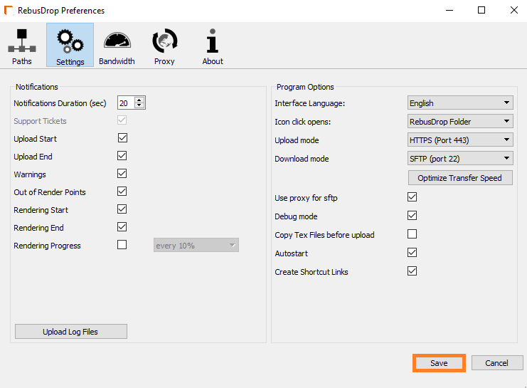 RebusDrop Preferences window - save settings button