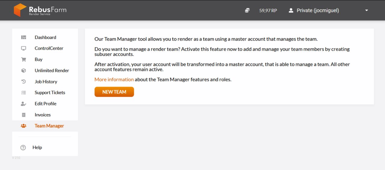 Página principal do Team Manager