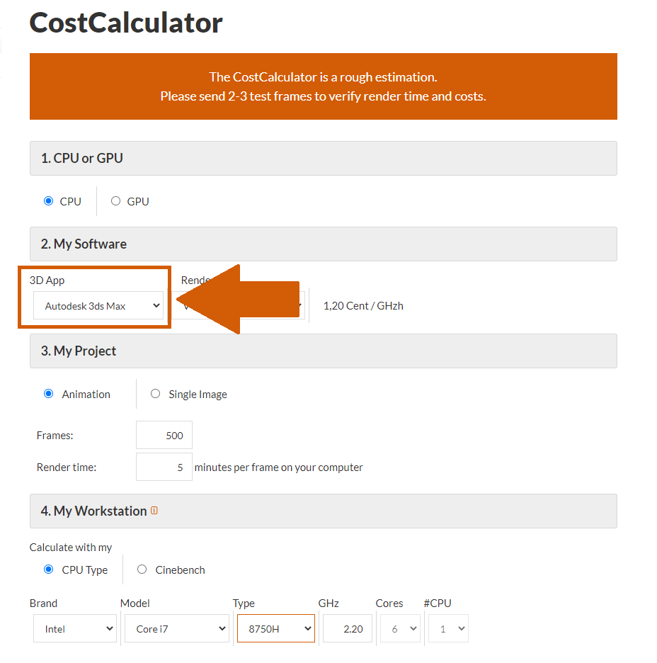 Render farm CostCalculator seleção de software