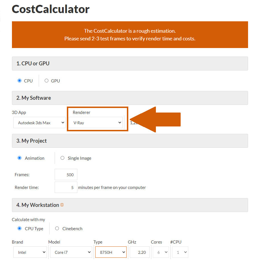 Render farm CostCalculator seleção de renderizador
