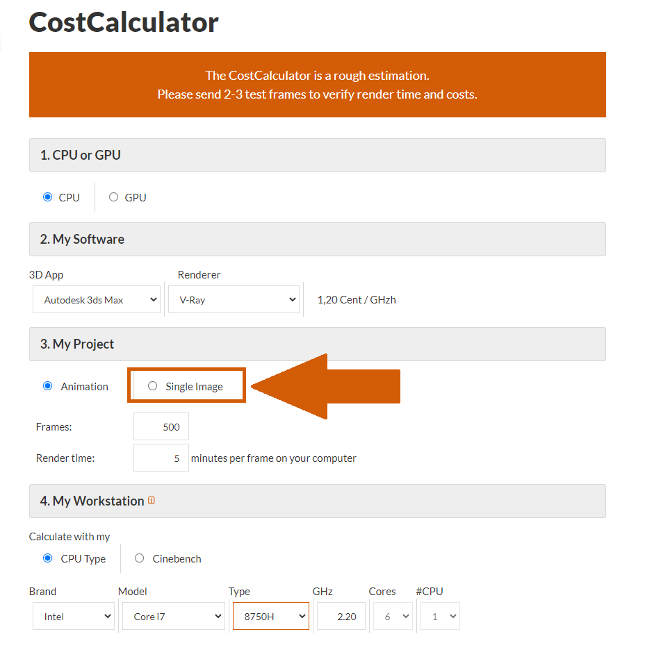Render farm CostCalculator single image selection