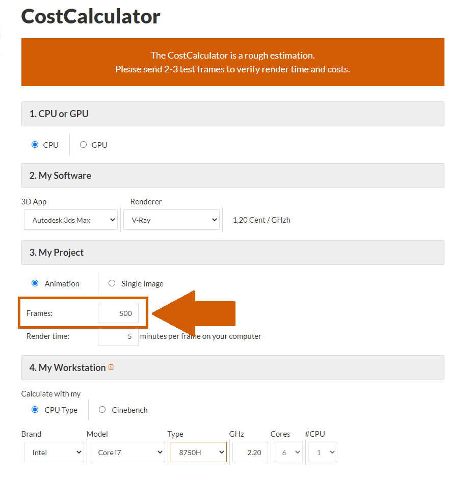 Render farm CostCalculator seleção de quantidade de quadros