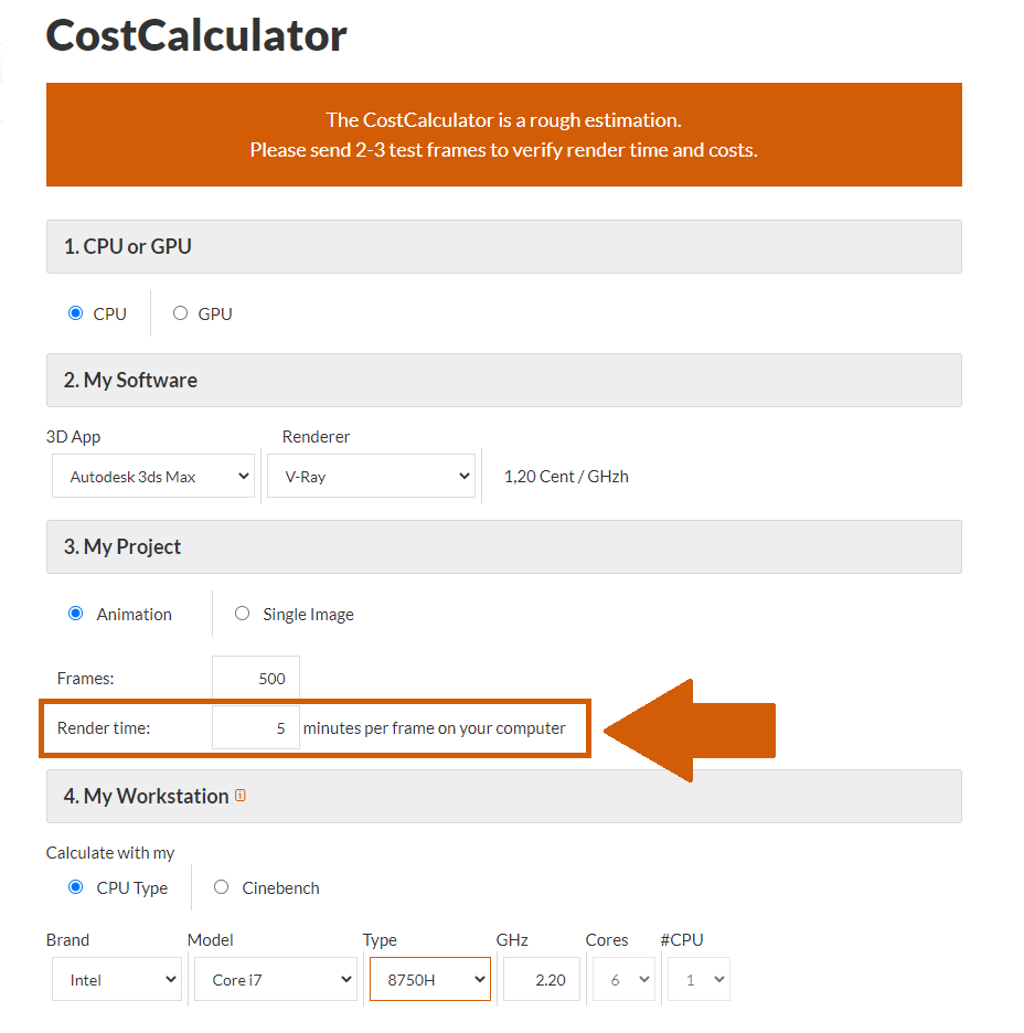 Render farm CostCalculator seleziona il tempo di rendering