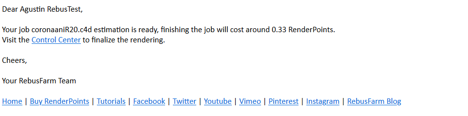E-Mail stating the estimated costs for the render farm