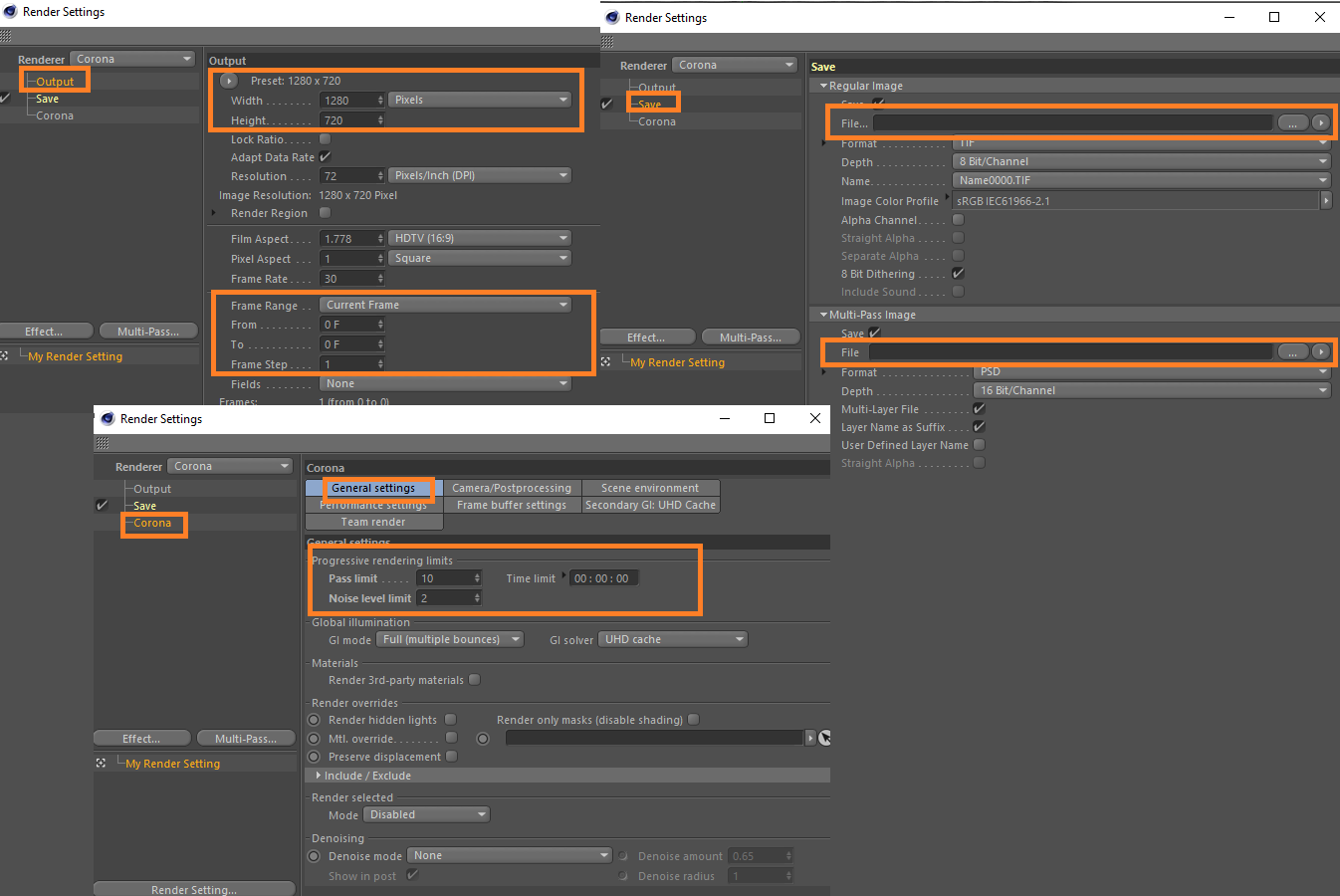 Configuração de renderização 3D para Cinema 4D com Corona Renderer - opções de saída de arquivo