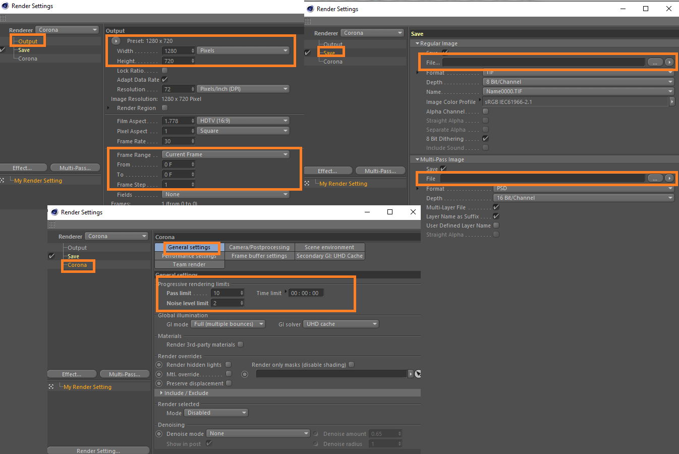 Configuration du rendu 3D pour Cinema 4D avec le moteur de rendu Corona - options de sortie de fichier