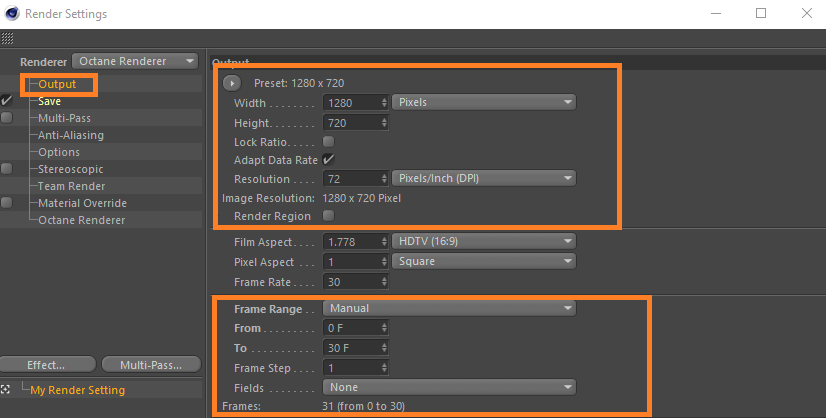 Configuração de renderização 3D para Cinema 4D com Renderizador Octane - opções de saída