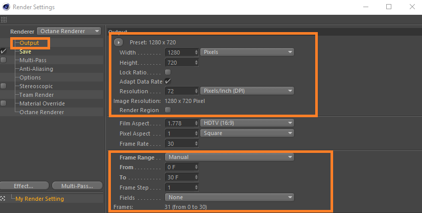 Configuration du rendu 3D pour Cinema 4D avec Octane Renderer - options de sortie