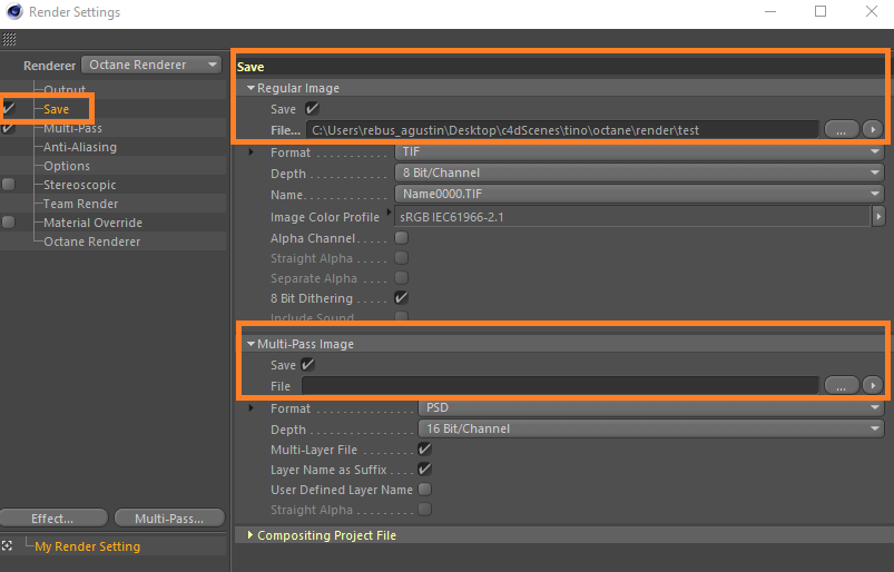 Configuração de renderização 3D para Cinema 4D com Renderizador Octane - opções de salvar arquivos