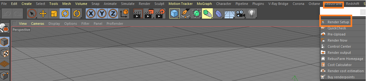 RebusFarm render setup in the Cinema 4D toolbar