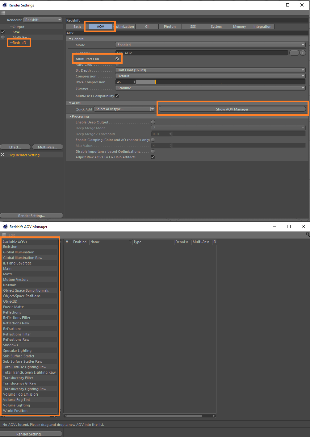 Configuración de renderizado 3D para Cinema 4D con Redshift Renderer - Opciones de AOV