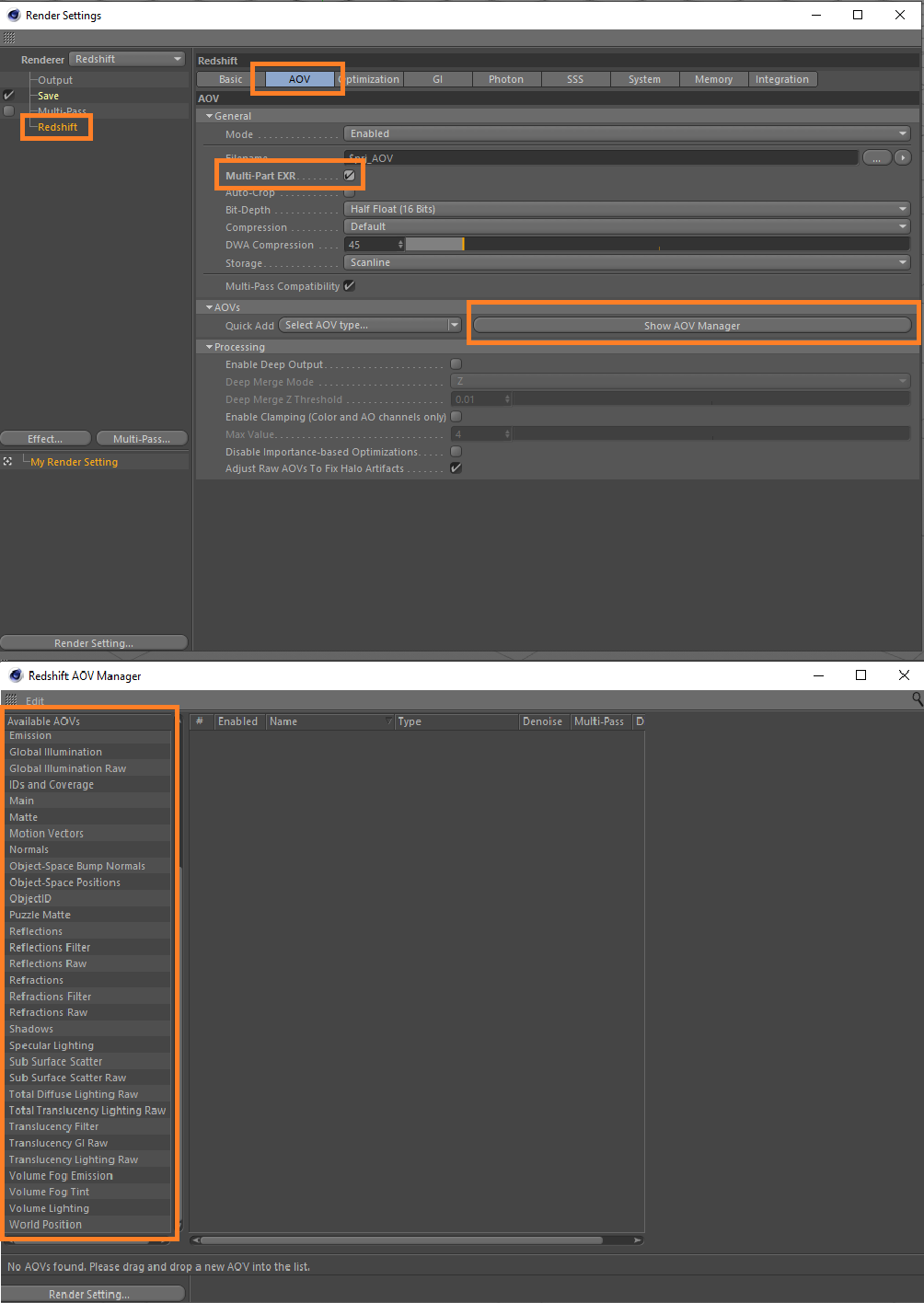 Configuration du rendu 3D pour Cinema 4D avec le Redshift Renderer - Options AOV