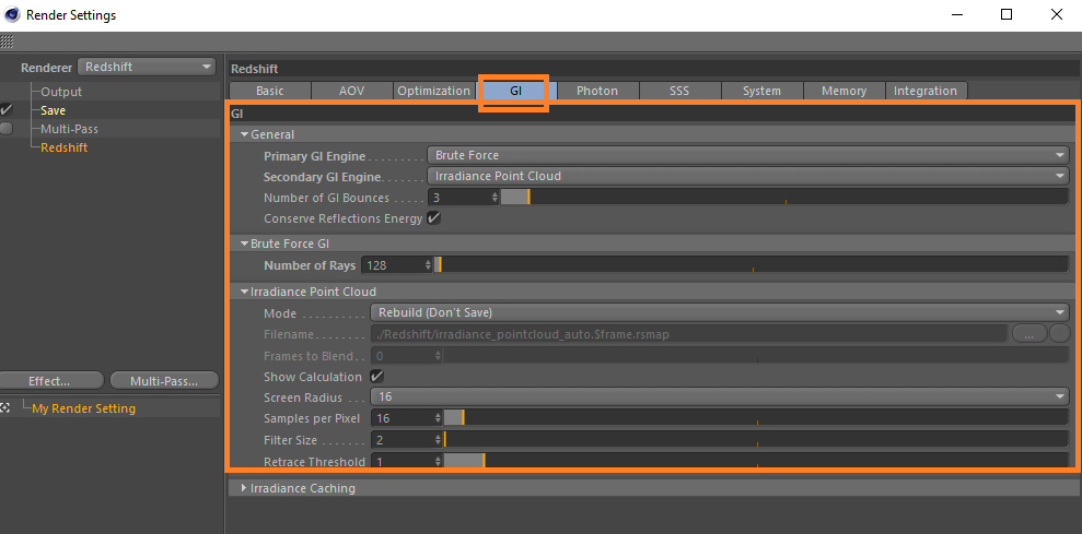 Configuration du rendu 3D pour Cinema 4D avec le moteur de rendu Redshift - Options GI