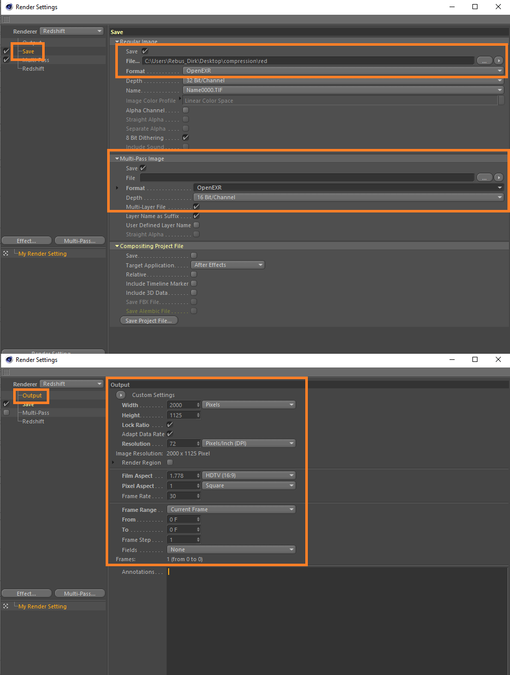 Configuration du rendu 3D pour Cinema 4D avec le Redshift Renderer - options de sauvegarde des fichiers