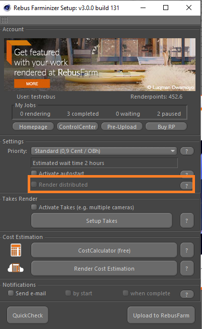 Menu Rebus Farminizer - ativação do distributed rendering