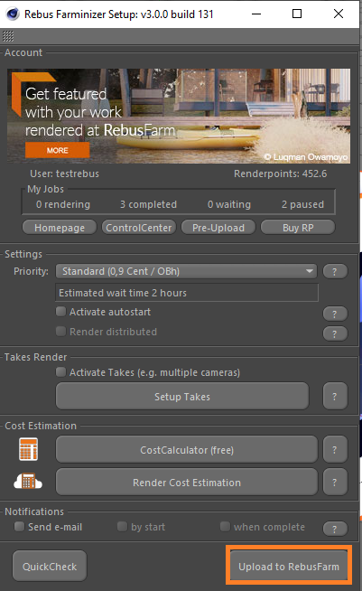 Rebus Farminizer menu - Upload to RebusFarm button