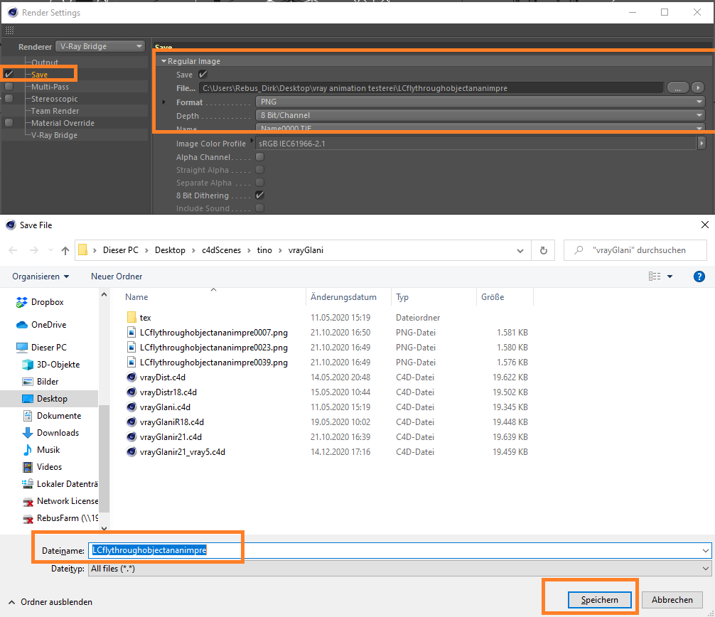 Cinema 4D Render Setup - Optionen zum Speichern von Dateien