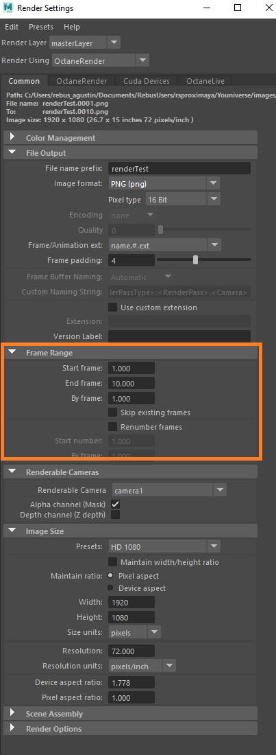 Impostazioni di render per Maya con Octane Renderer - opzioni frame range