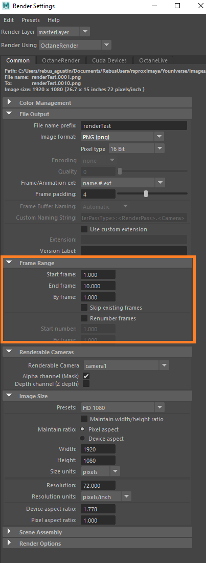 Настройки 3D-рендеринга для Maya с рендерером Octane - опции диапазона кадров