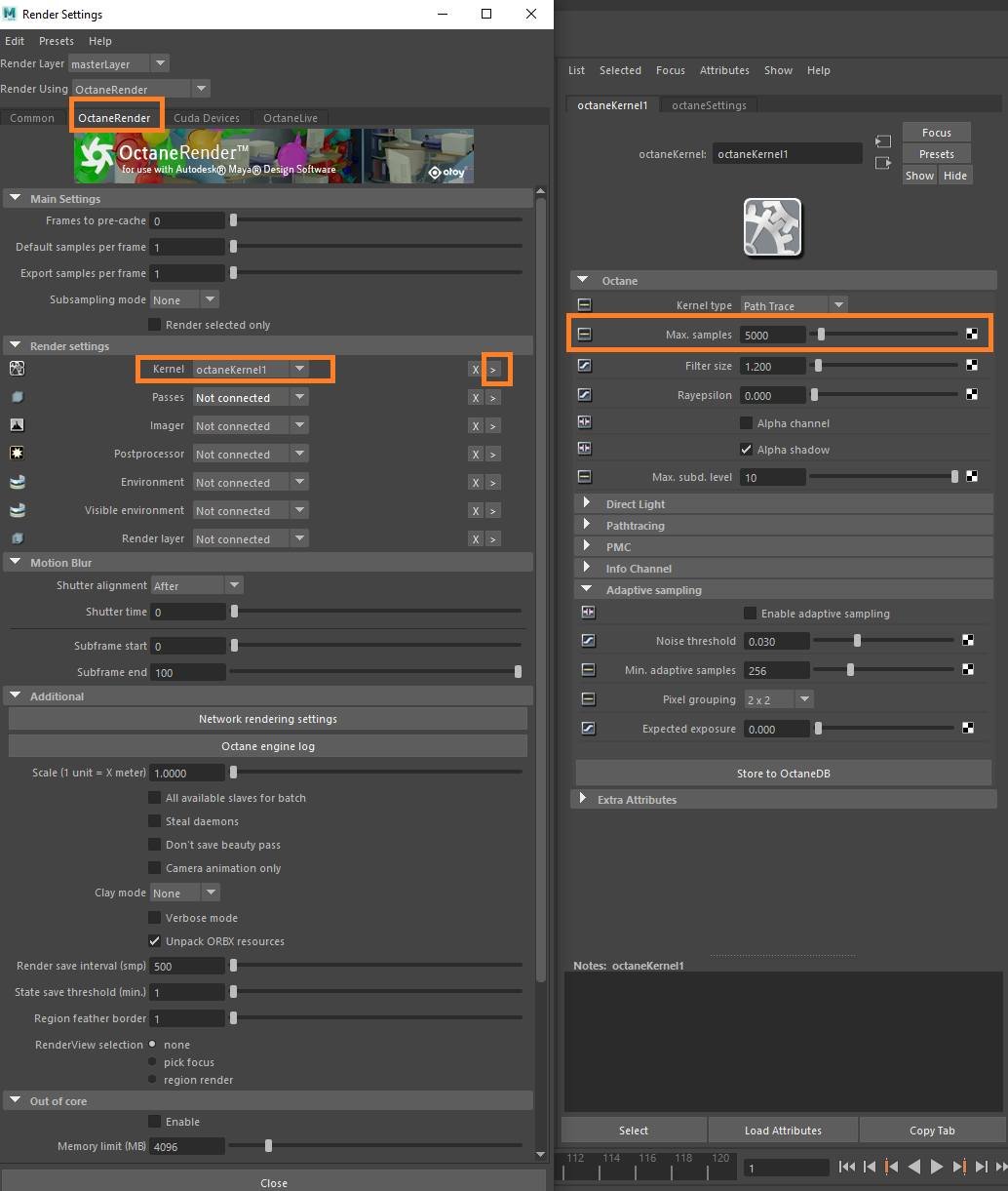 Configuration du rendu 3D pour Maya avec Octane Renderer - options d'échantillons max.