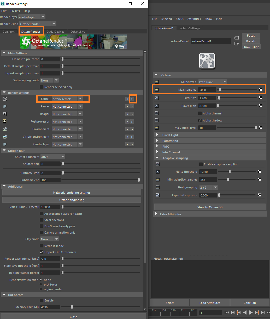 Configuración de renderizado 3D para Maya con Octane Renderer - opciones máximas de muestras