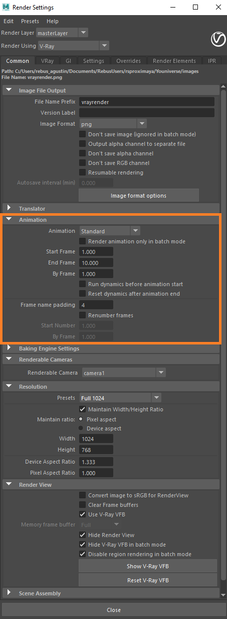 Configuration du rendu 3D pour Maya avec V-Ray - options d'animation