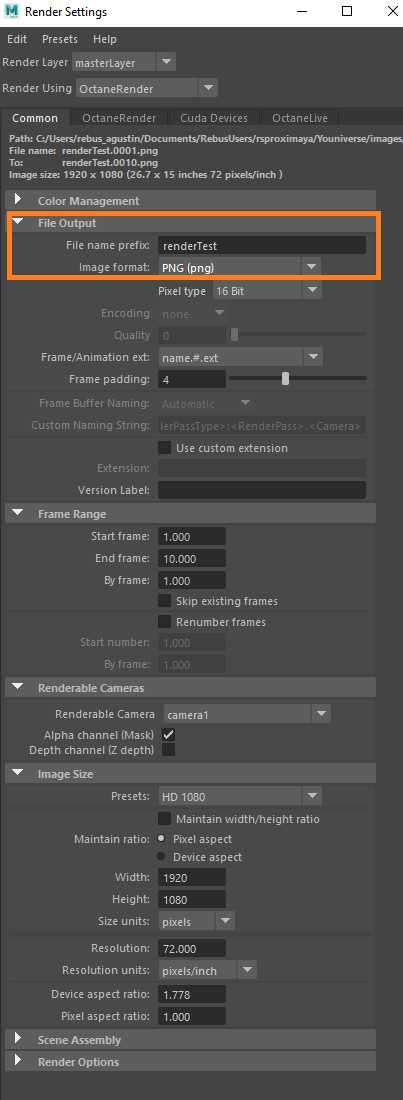 Impostazioni di render per Maya con V-Ray - opzioni output file