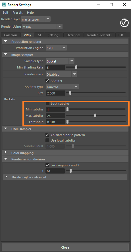 Configuration du rendu 3D pour Maya avec V-Ray - options des seaux