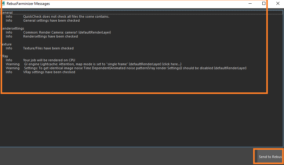 Rebus Render Farm messages window